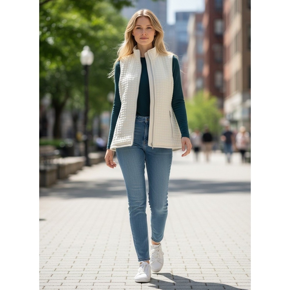 Karen Scott Sport Quilted Vest M Cream Mock Neck‎ Zip Up Pockets Textured